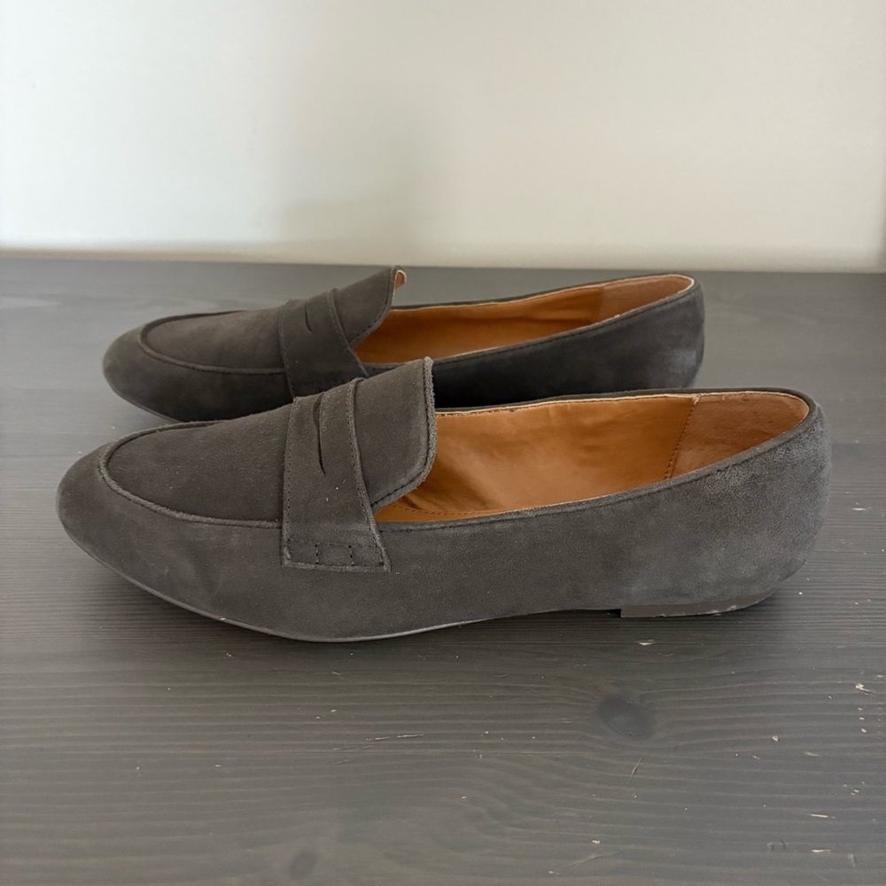 J Crew Factory Suede Penny Loafers Slip On Dark Gray Flats‎ 9.5